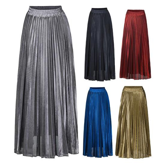Women Maxi Skirt Golden Long Skirt Elastic High Waist Pleated Slimming Design Spring Summer
