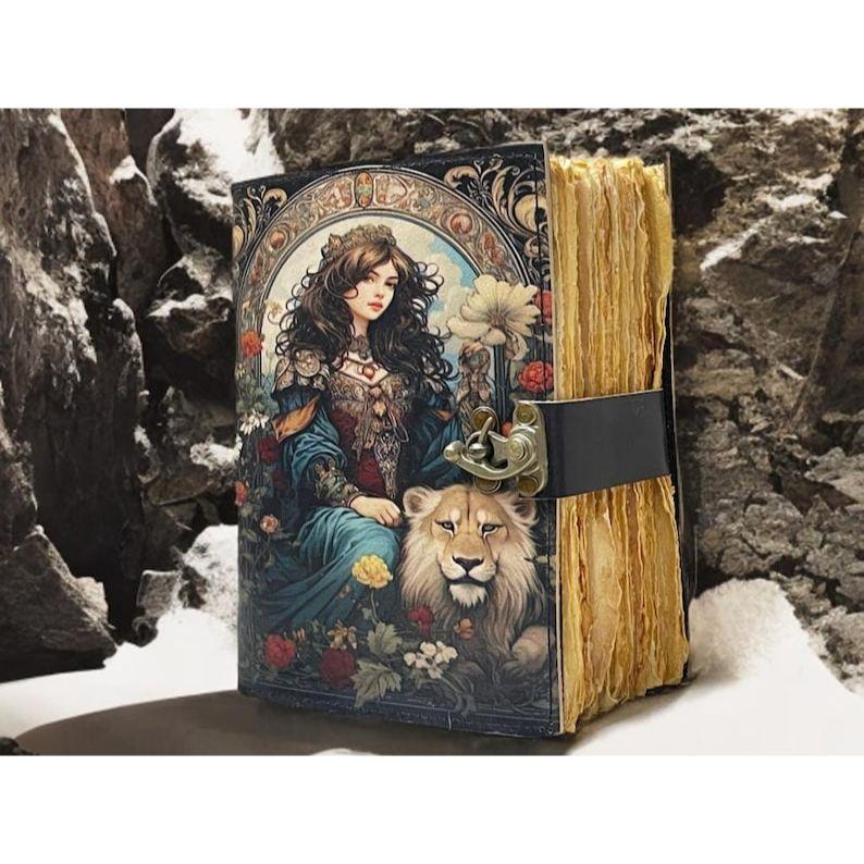 

Lion & Girl Leather Grimoire: Handmade Book of Shadows 7 x 5 inch