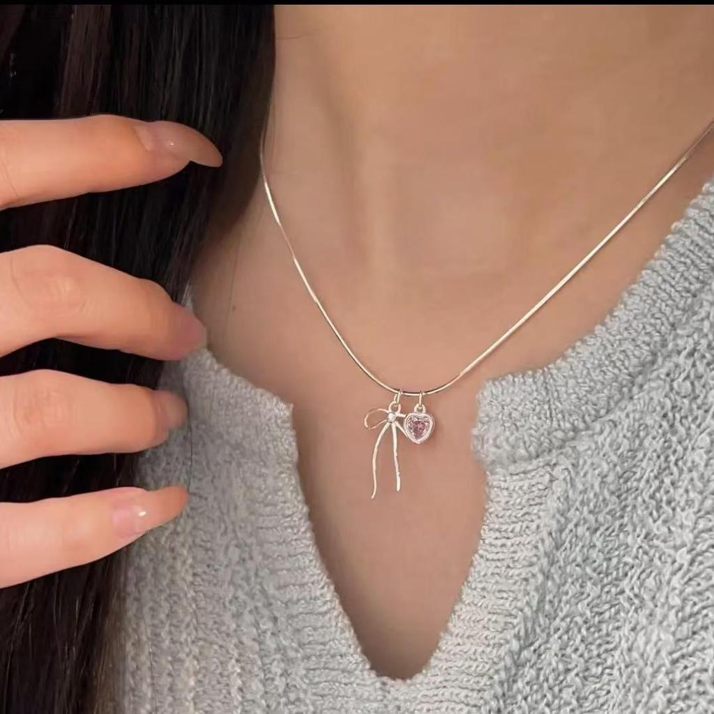 S925 Sterling Silver Heart Bow Necklace for Women - Luxury 2024 Pink Diamond Clavicle Pendant