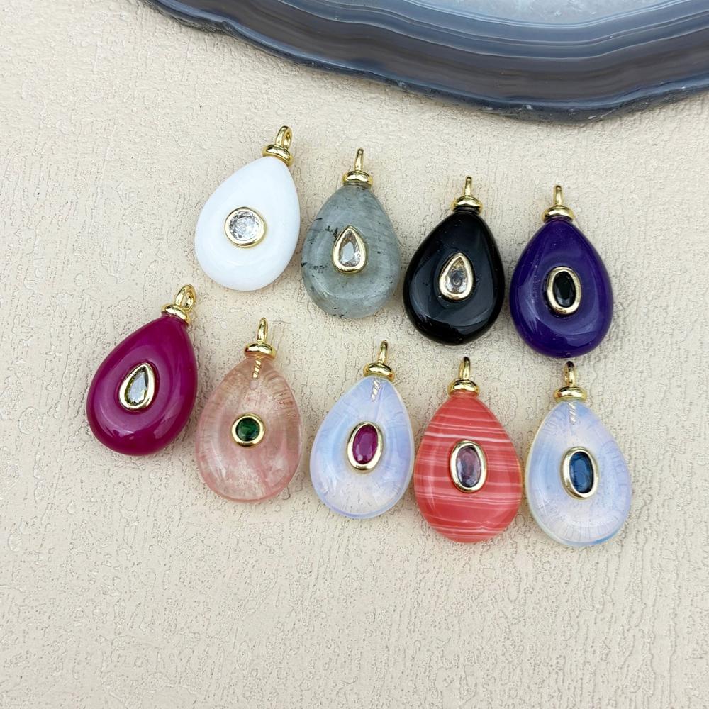 Vintage Water Droplet Natural Stone Inlaid Zircon Pendant Teardrop Opal Red Quartz Charm for Men and Women's Jewelry