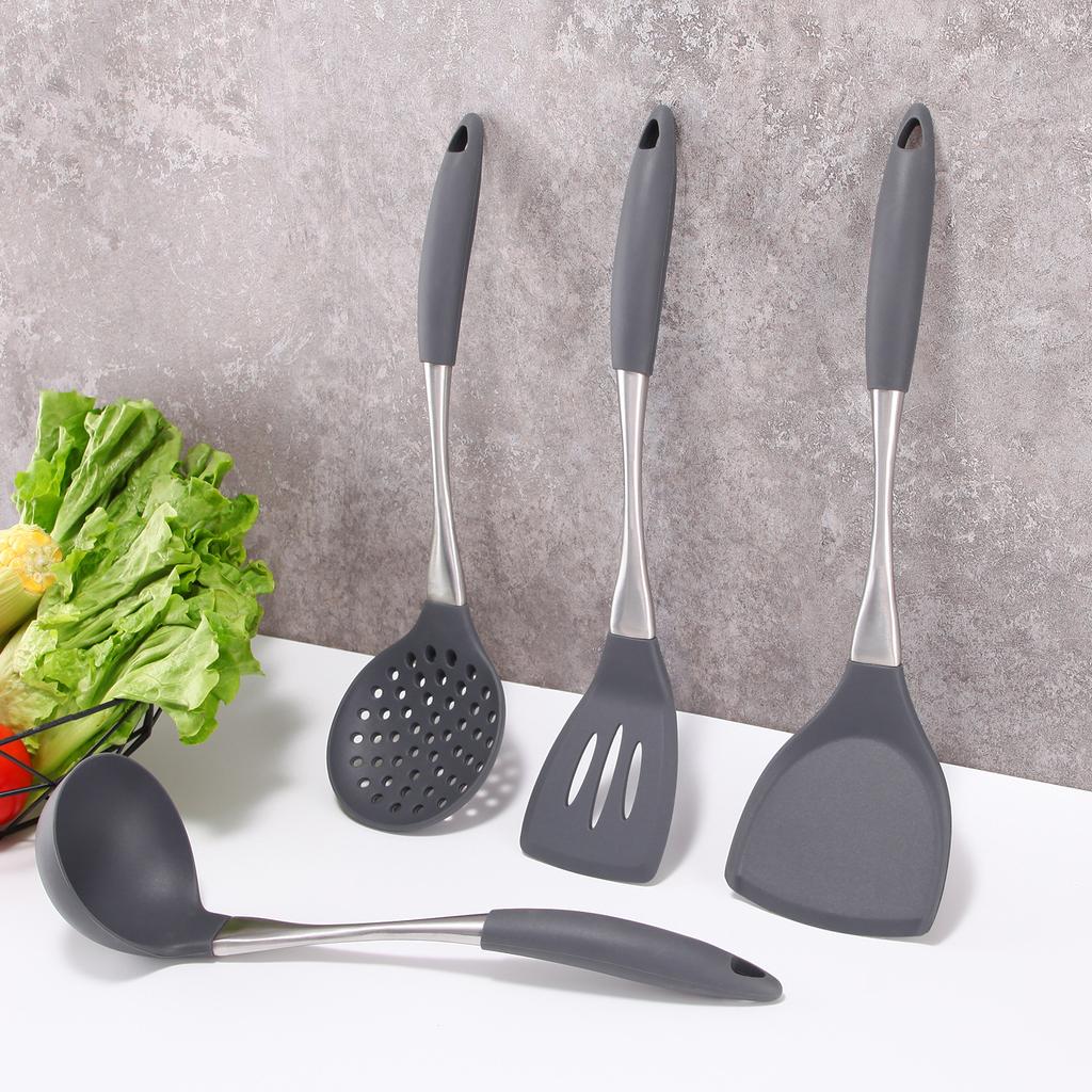 4pcs Kitchen Tools Silicone Kitchenware Gray Spatula Silicone Stainless Steel Handle Non-Stick Stir-Fry Spatula Spoon Set