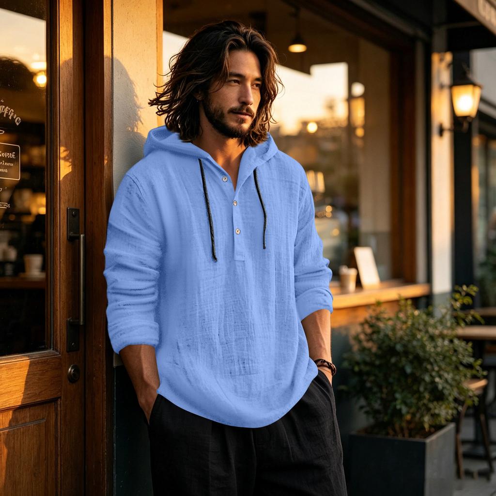 Men's Linen Cotton Hoodie Long Sleeve Casual Pullover