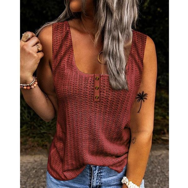 Women Solid Color Button Down Sleeveless U Collar Vest T-Shirt Top Waistcoat with Suspenders