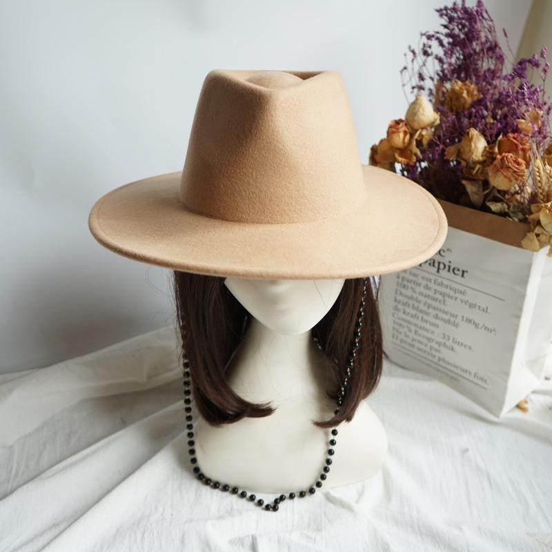 Internet Celebrity With Pearl Chain Celebrity British Retro Black Wool Big Wide Brim Jazz Top Hat Female Autumn And Winter