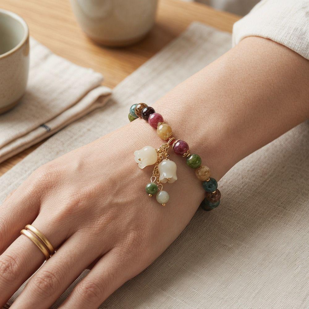 Elastic Rope Orchid Flower Bracelet Floral Women Bangle Trendy Colorful Beads Bracelet Summer