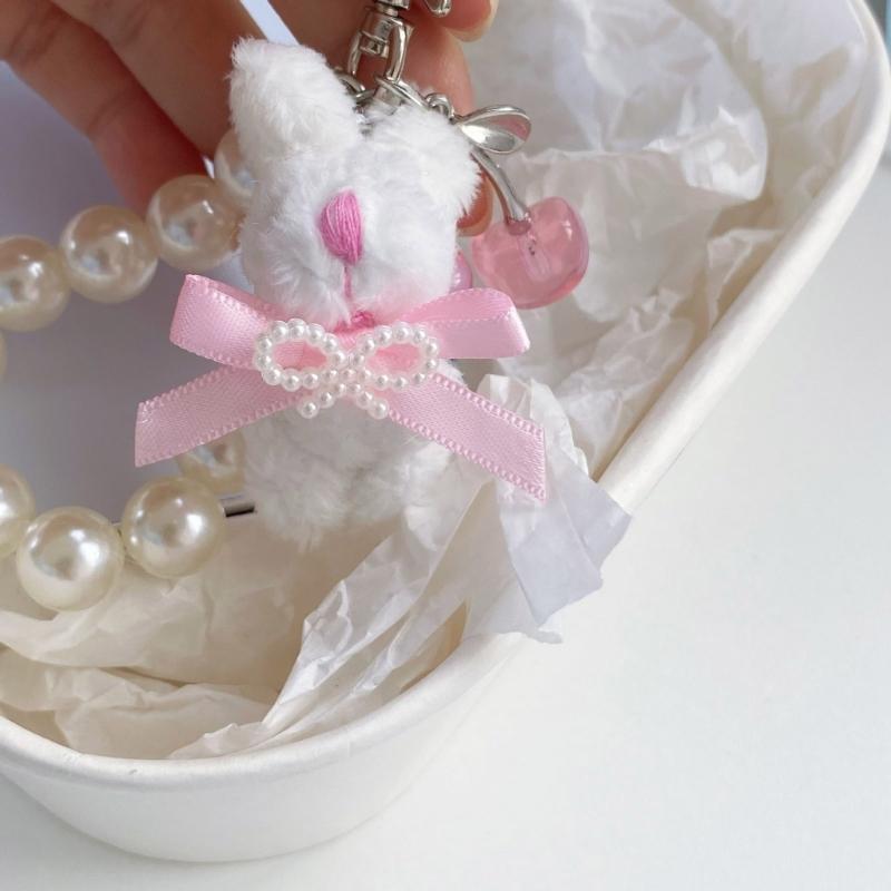 Adorable Rabbit Cherry Charm Keychain With Imitation Pearls Detachable Phone Strap Bag Accessories For Girls