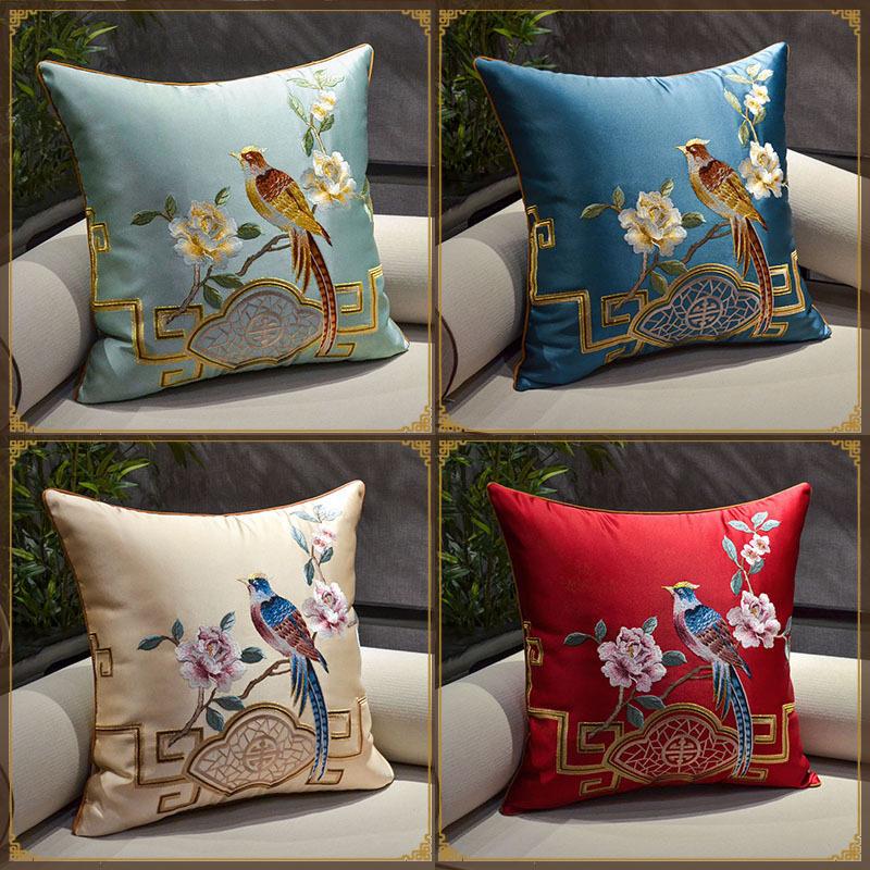 New Chinese-style Throw Pillows with Bird and Flower Embroidery Redwood Sofa Cushion Cover Large Cushion for Living Room Bed