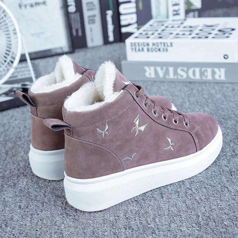 

WTEMPO/женская хлопковая обувь с высоким берцем и шнуровкой большого размера, нескользящая повседневная теплая плюшевая обувь на толстом плоском каблуке 40 коричневый