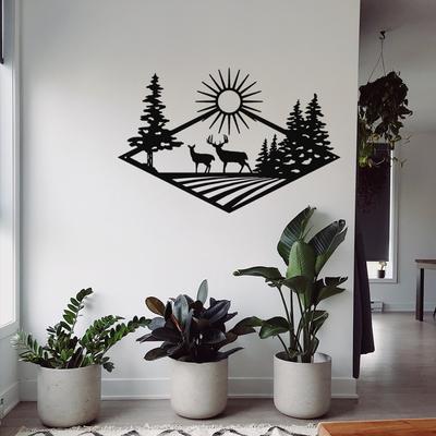 Semn de perete din metal Morning Rise Deer Hunting Perfect pentru decorarea casei sau a cabanei, semn de metal rustic și elegant cu o vânătoare