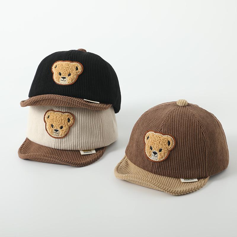 Striped Baseball Cute Baby Bear Cap Cartoon Soft Brim Cotton Infant Boy Girl Peaked Cap Autumn Winter Corduroy Warm Toddler Hats