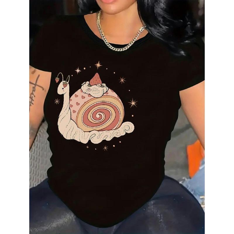 

Plus Size - Plus Size - Playful Snail & Swiss Roll T-Shirt for Women - Relaxed Round Neck, Short Sleeves, Comfortable Fit, 4XL чорний