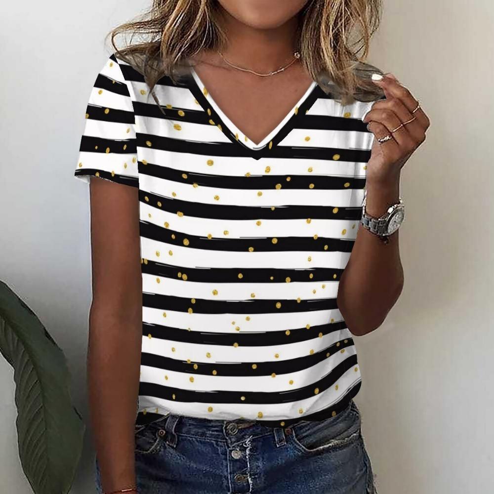 Women's Striped 3D Printed T-shirt, Holiday V-neck Casual T-shirt, Y2K Top, Women's Fashionable Streetwear, Harajuku Plus Size T-shirt