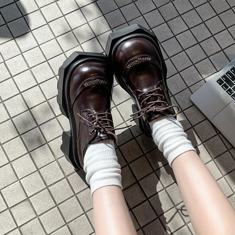 Thick-soled Small Loafer Single Shoes Women's 2025 Spring Lace-up Thick-soled Muffin British Style Small Leather Shoes Thick-heeled Single Shoes