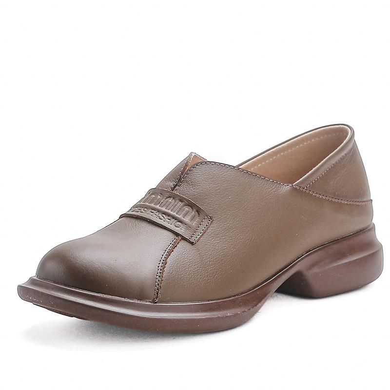 Round Head Wide Feet Women's Shoes Retro British Style Leather Shoes Thick Heel Single Shoes Genuine Leather Middle-aged Women's Shoes