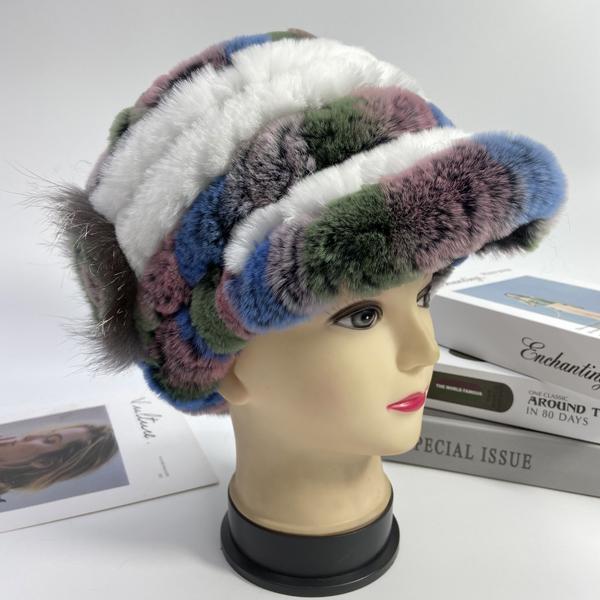 Winter Rabbit Fur Caps for Women Fox Fur Floral Natural Rex Fur Hats Elastic Beanies Warm Fashion Ladies Snow Hat LQ11205