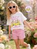 Girls' Summer Casual Two-Piece Set: A Multi-colored Printed T-shirt Paired with Striped Shorts. This Versatile, Casual Set Is Pe