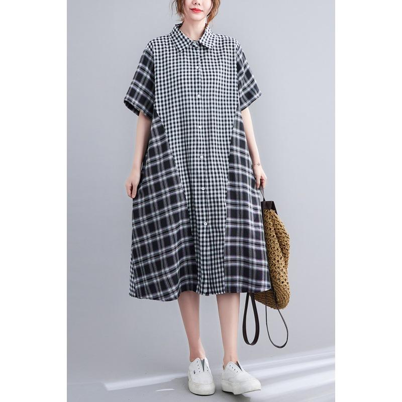 Summer Loose Plus Size Patchwork Medium Long Checkered Shirt Skirt for Women Dresses
