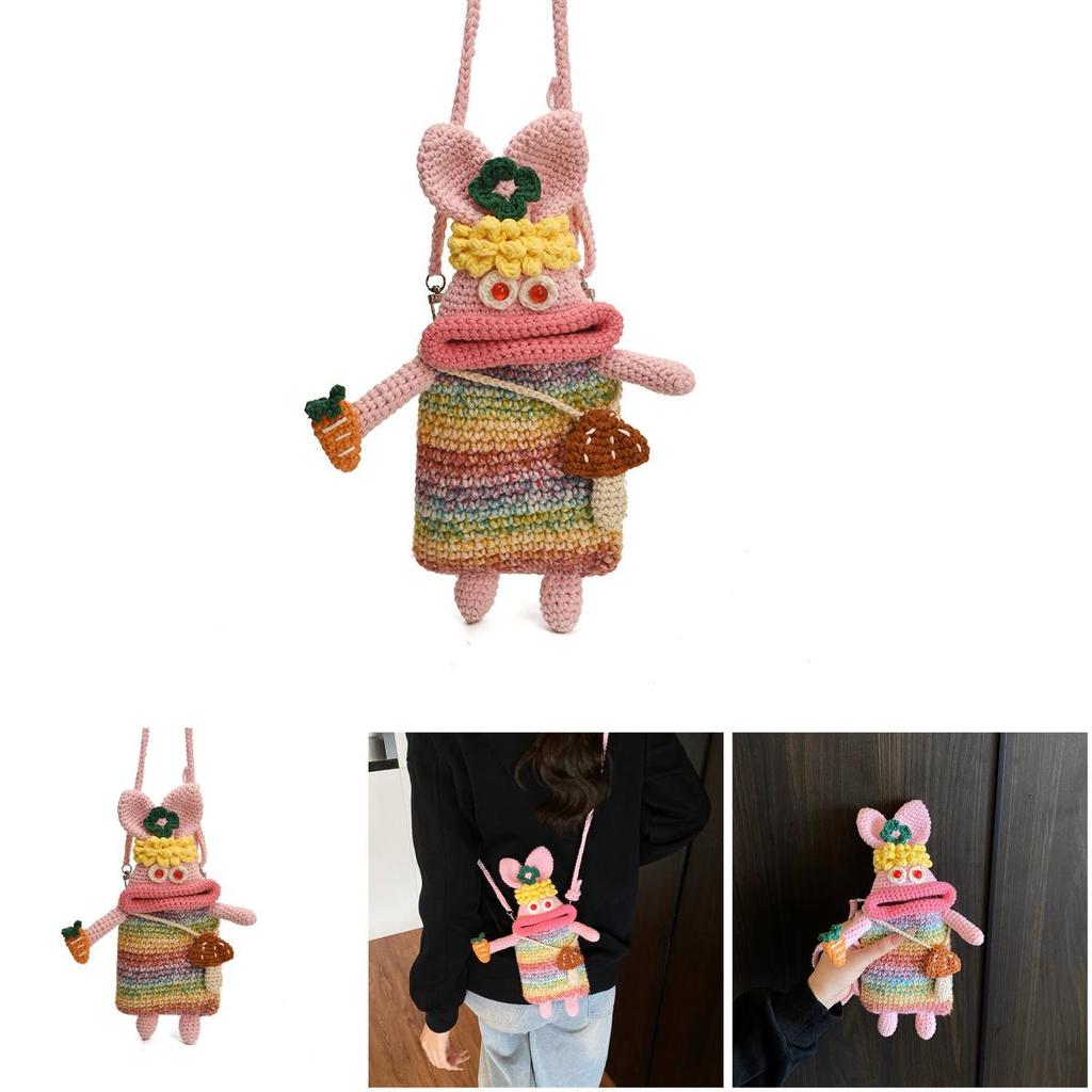 Ugly And Cute Rabbit Woven Crossbody Bag With Radish And Mushrooms For Daily Use