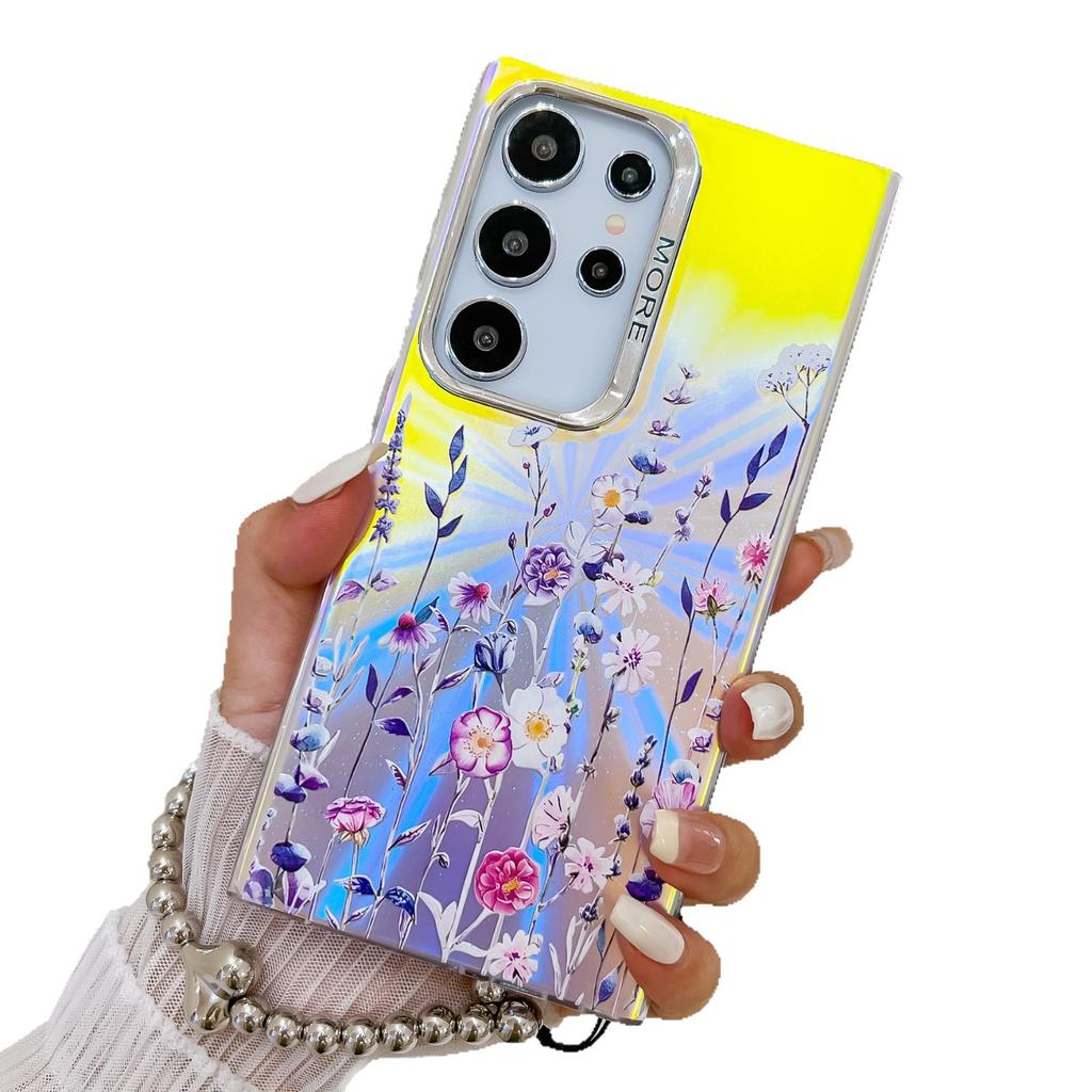 Electroplated Laser Flower S25Ultra Mobile Phone Case Suitable for Samsung A16 Pearl Bracelet S24plus Hard Case