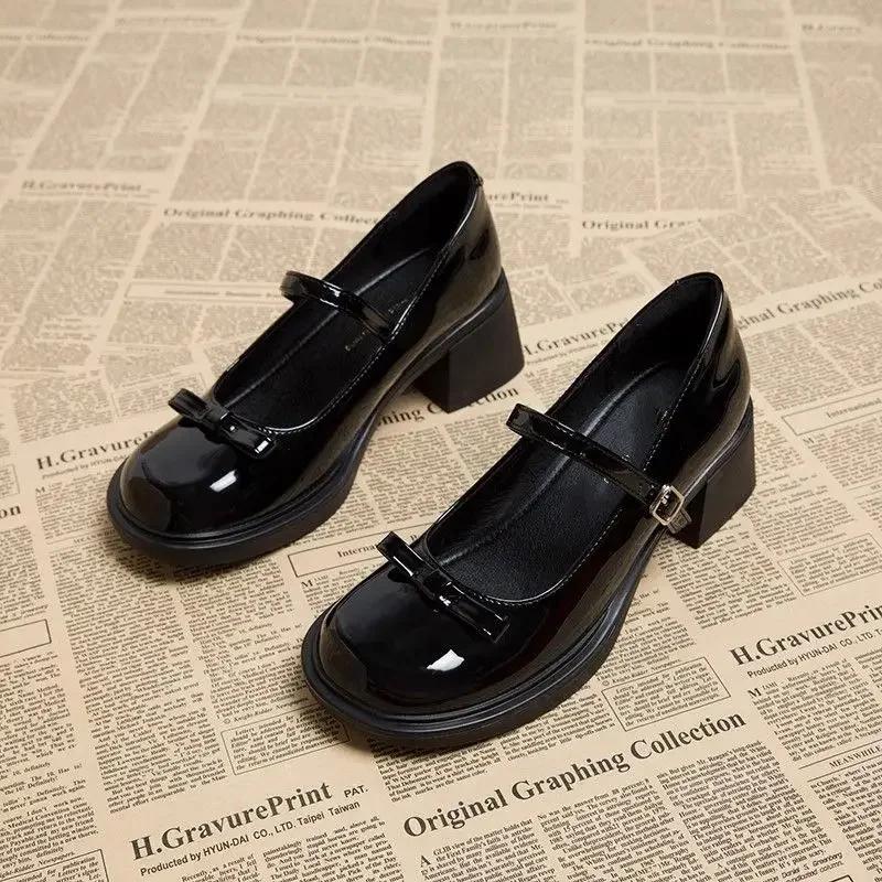 Versatile Square Toe Solid Color Shoes Bow Decoration Bag Heel Straight Buckle Ladies Shoes Zapatos Mujer Hot Selling Shoes