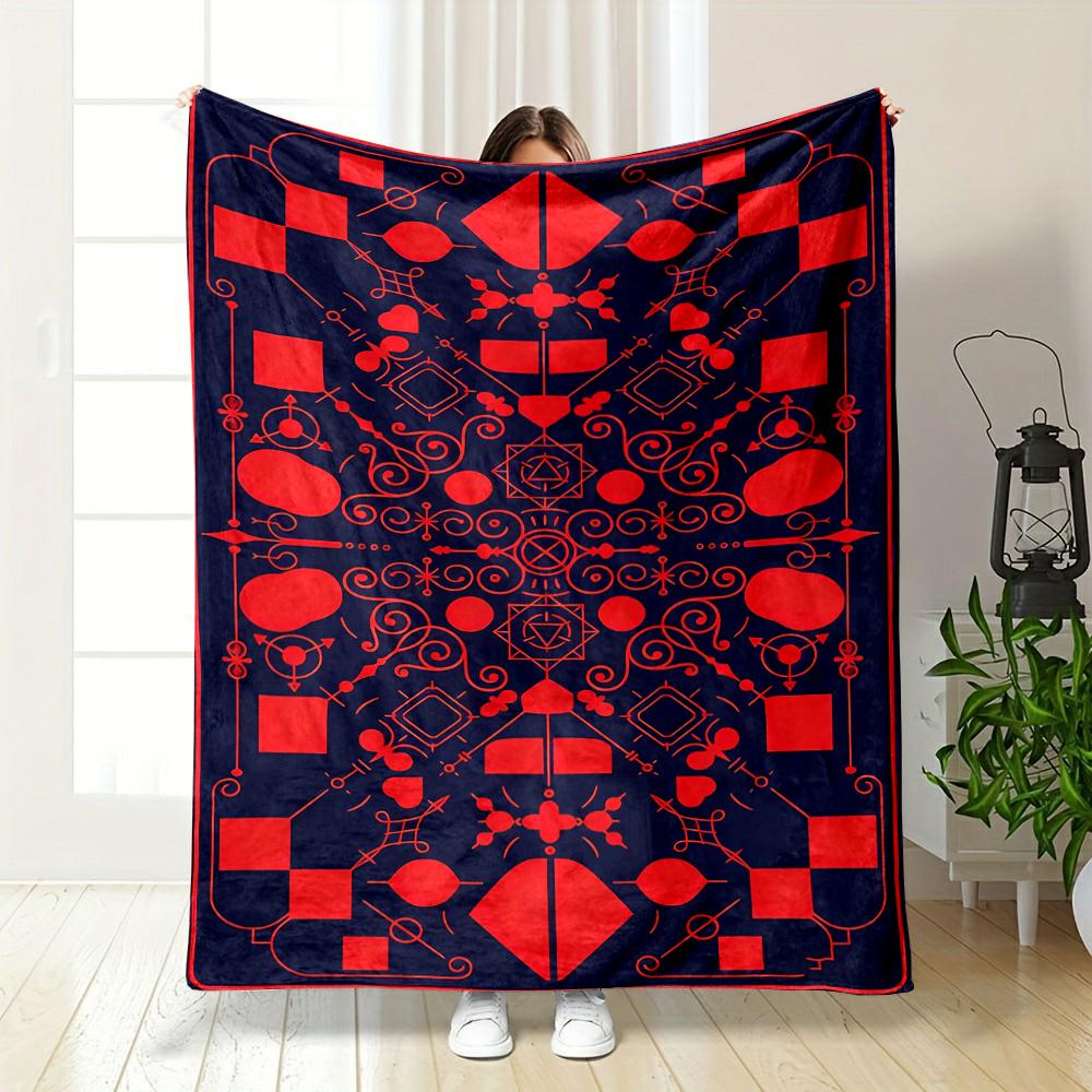 Geometric Red and Blue Abstract Pattern Design Flannel Blanket for Bedroom, Living Room, Sofa, and Nap Sofas