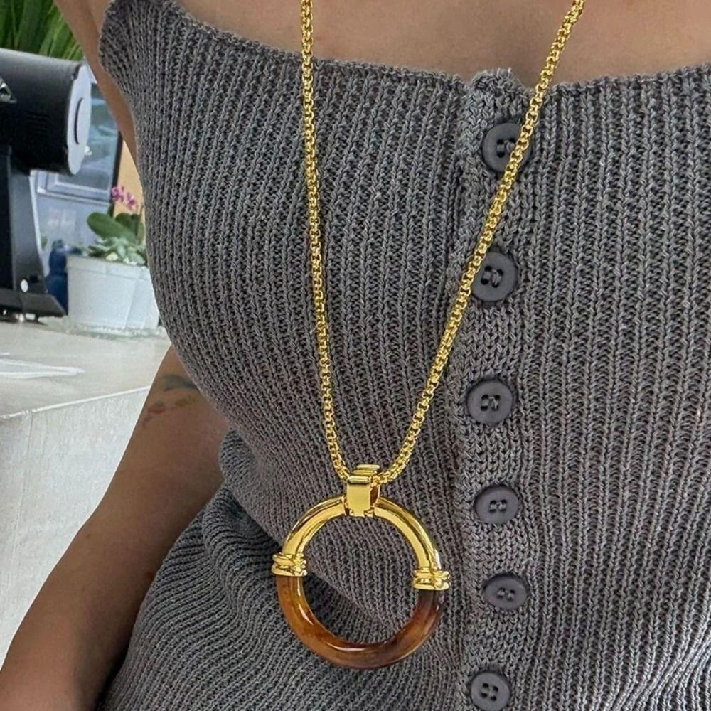 Splicing Amber Pendant Necklace Long Chain Minimalist Necklace Circle Pendant Necklace  Casual Wear