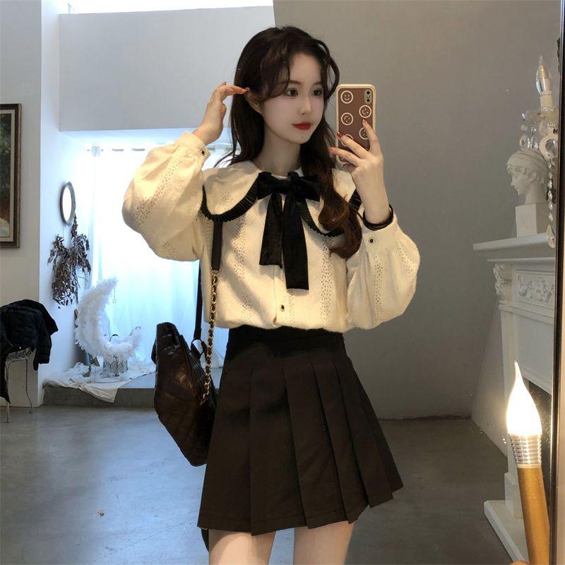 Women's Pleated Skirt & Doll Collar Knit Shirt Set - Spring/Autumn Korean College Style, Petite & Sweet