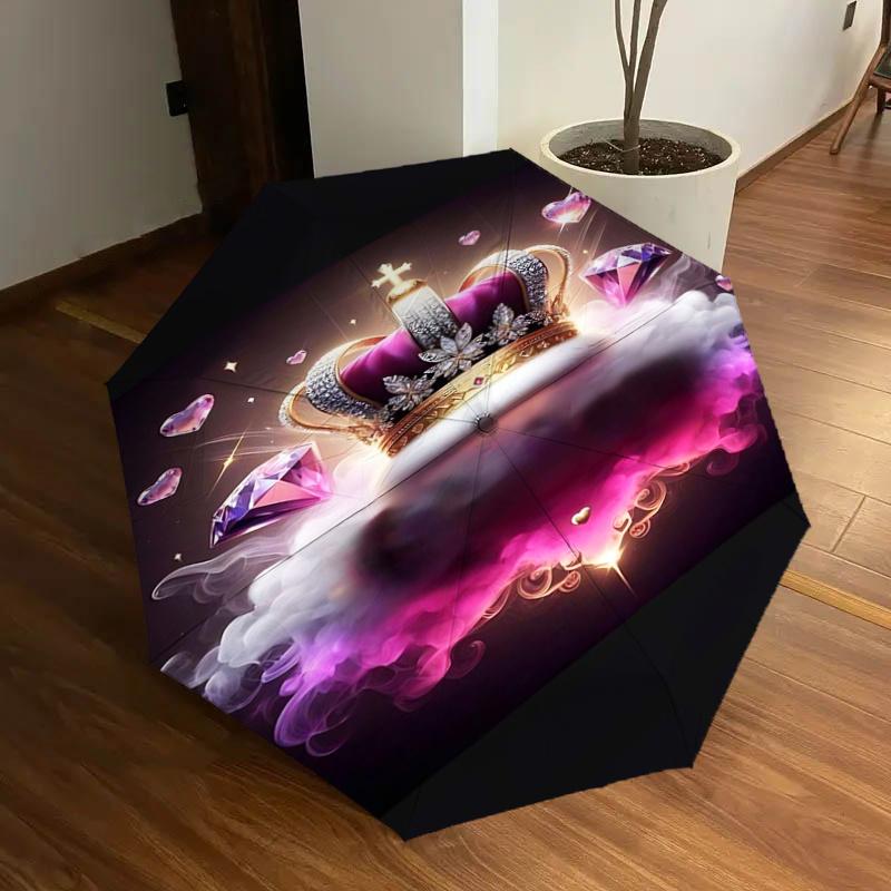 

Regal Crown & Diamond Heart Automatic Opening Folding Umbrella: Elegant Design with 8-Bone Iron Frame, Perfect for Fans, Travelers, Daily Us