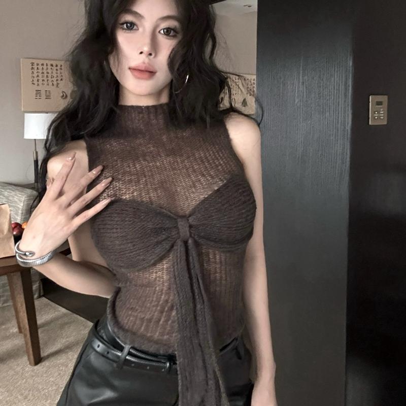 

Летние новые тонкие трикотажные повседневные майки с бантом, женские модные однотонные прозрачные майки без рукавов, сексуальные майки, женские милые узкие майки-топы 25926 One Size серый