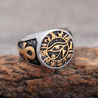 Vintage Egyptian Eye of Horus Ring Mysterious Ancient Egypt Text Symbol Ankh Rings for Men Stainless Steel Punk Jewelry Gift