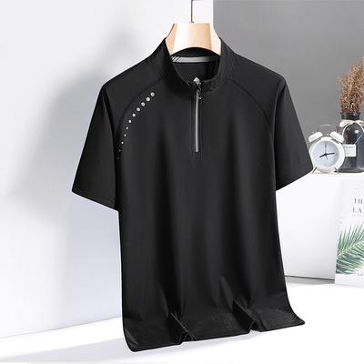 T-shirt à séchage rapide pour hommes, pour sports de plein air, fitness, manches courtes, col rond, demi-fermeture éclair, col montant, t-shirt en soie glacée