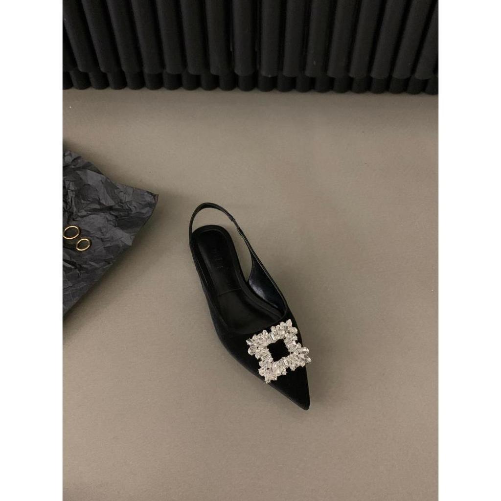 French Flat-soled Black Bag Head Sandals Fairy Shoes 2025 New Spring and Summer Pointed Rhinestone Temperament Single Shoes
