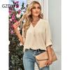 DX-Spring/Summer New Women's Fashion Solid Loose V-neck 3/4 Sleeve Top