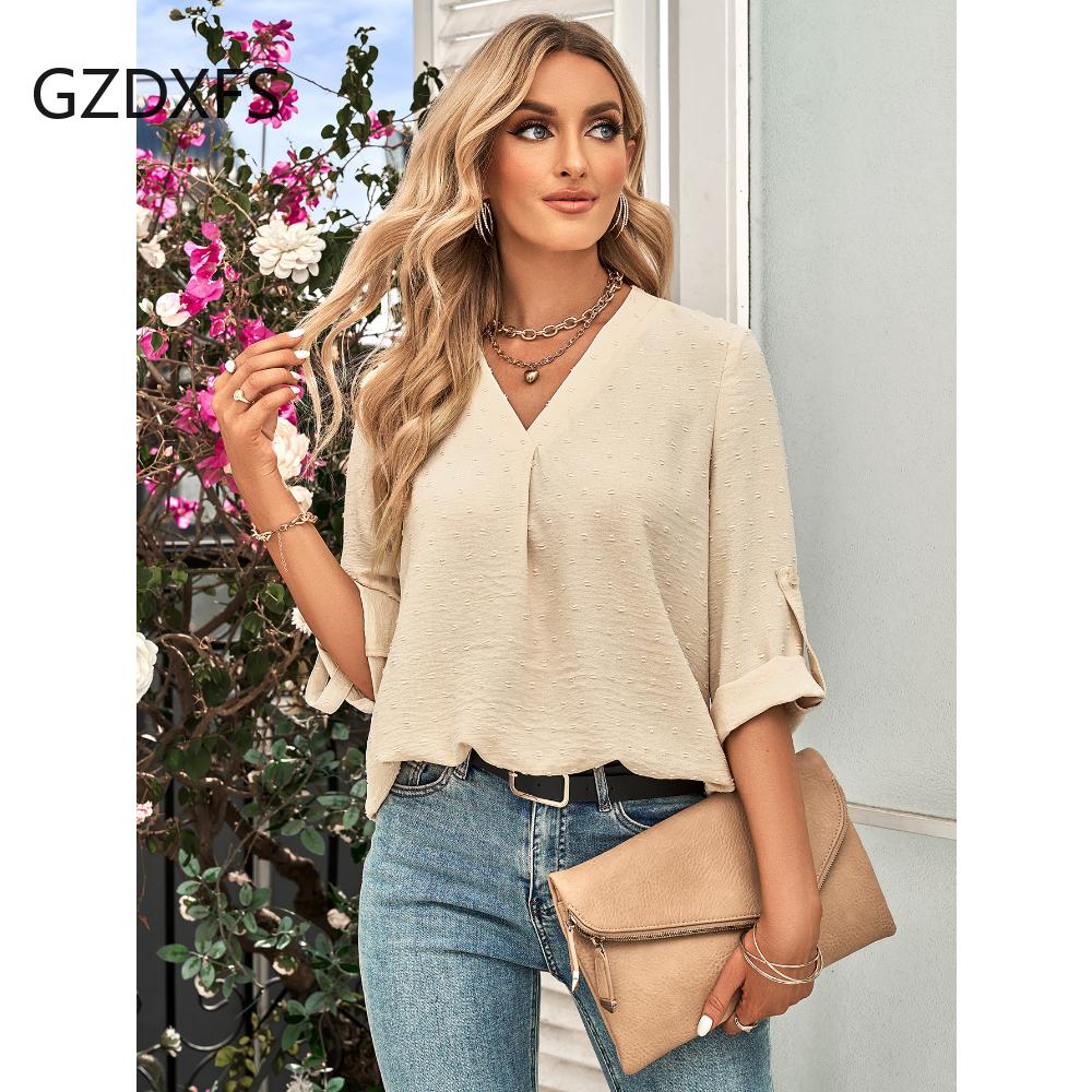DX-Spring/Summer New Women's Fashion Solid Loose V-neck 3/4 Sleeve Top