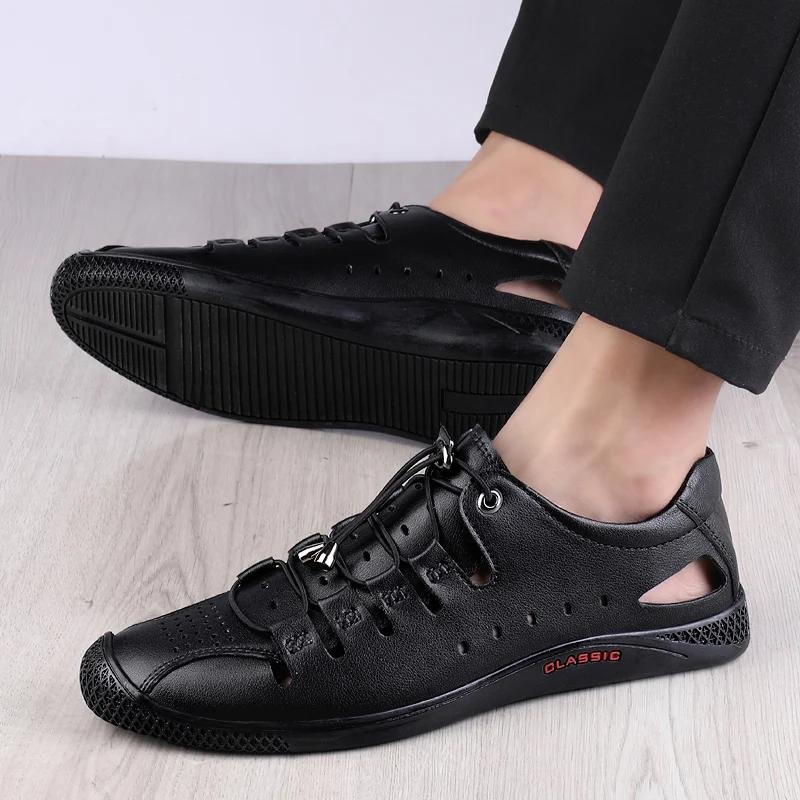 Summer New White Leather Hollow Out Sandals Breathable Comfort Men Beach Shoes Fashion Soft Sole Male Flat Casual Leather Loafer