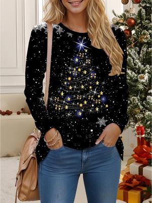 Tops voor Dames 3D Kerstprint Ronde Hals Lange Mouw T-shirt Herfst Casual Slim Pullover Dames Top met Lange Mouwen