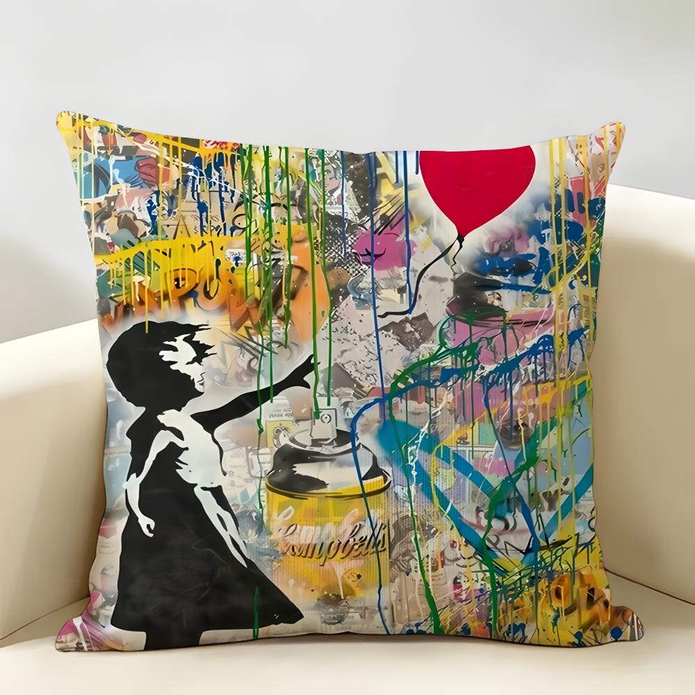 BBanksy Graffiti Mr BBrainwash Cushion Cover Natural Linen Organic Fabric DoubleSided Printing Room Sofa Decor Pillow Case