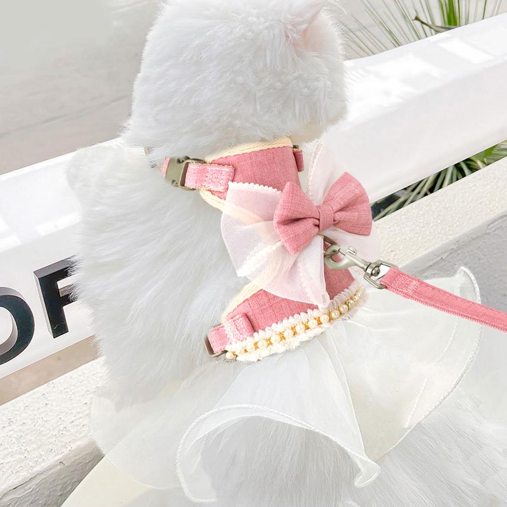 Nylon Cat Harness Leash Set Cute Bowknot Cat Dress Pet Puppy Kittten Party Princess Costumes Harnesses For Small Dogs Cats Pink