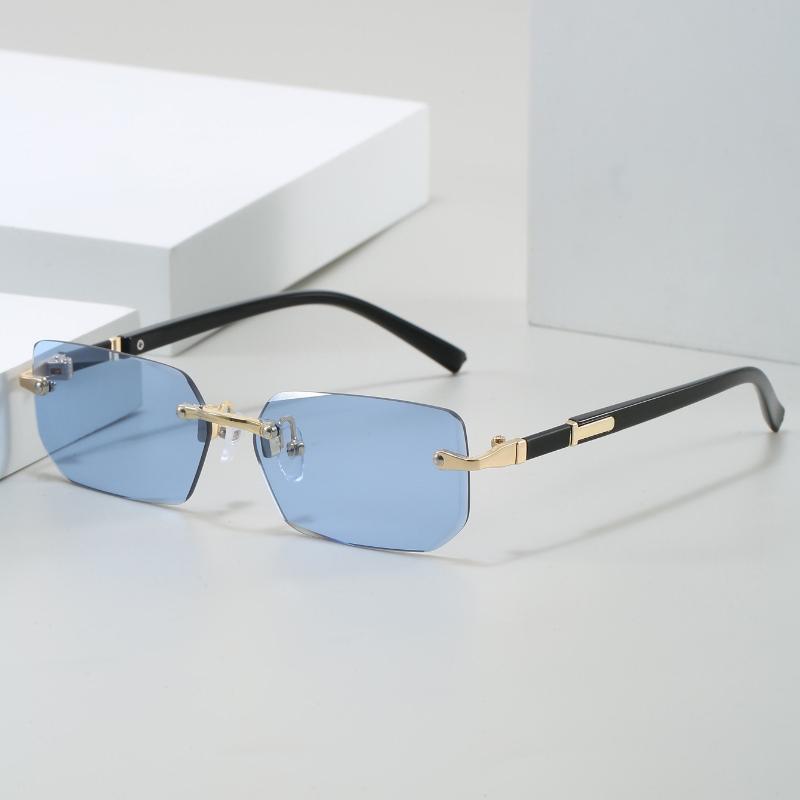 Unpolarisierte Stilvolle Randlose Rechteckige Modebrille für Männer & Frauen - Trendige Goldene Metallrahmen