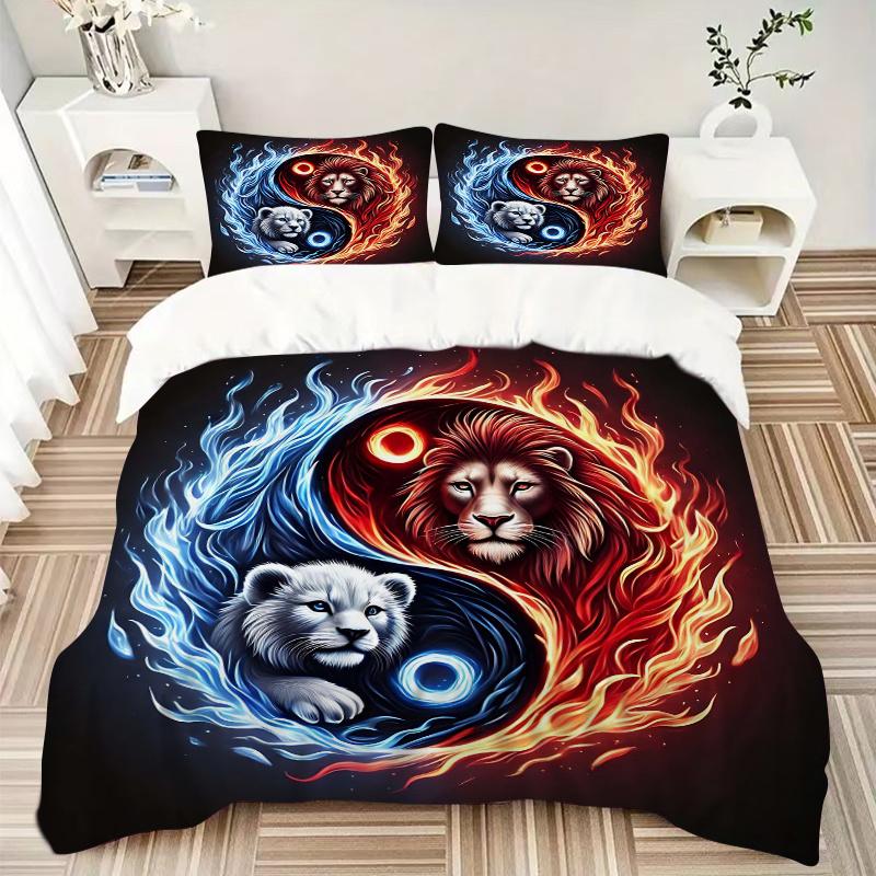 3-teiliges Yin Yang Löwen Muster Bettwäsche-Set, 1* Bettbezug + 2* Kissenbezüge, Bedrucktes Bettwäsche-Set, Weich und Bequem, Geeignet für Schlafzimmer und Gästezimmer
