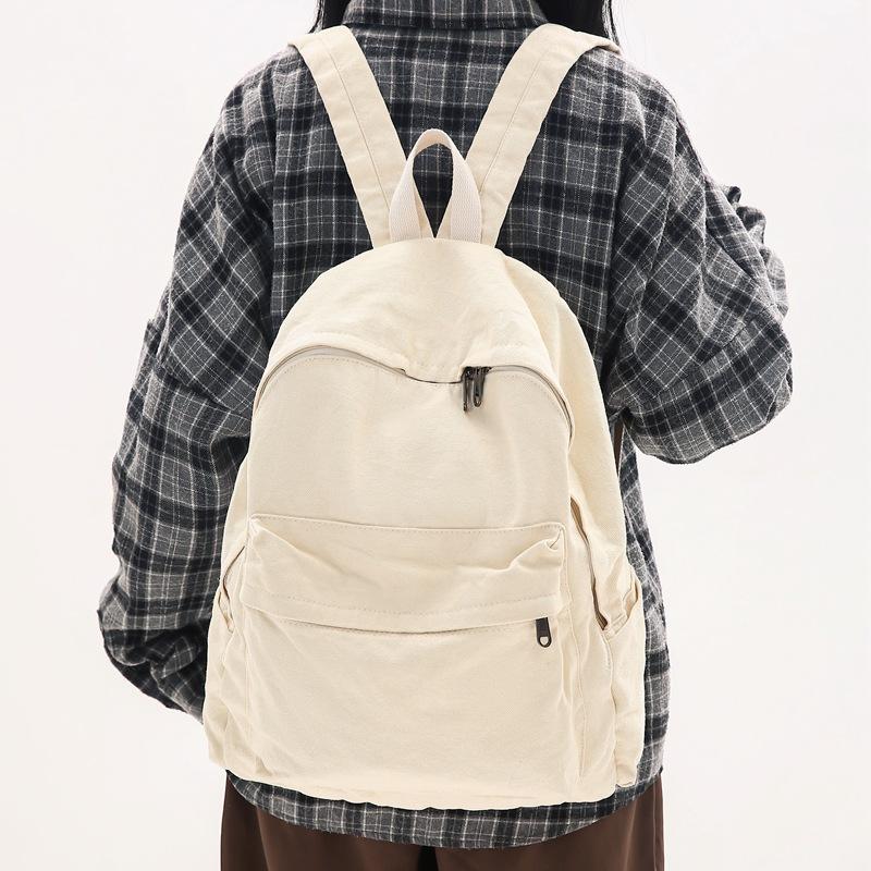 School Bag Vintage Style Washed Canvas Backpack for Women, for Junior High, High School, and College Students, Simple Solid Color Backpack