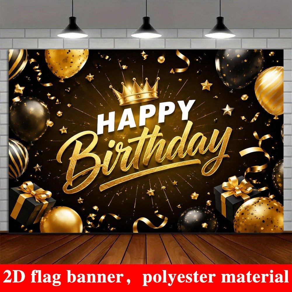2D Flat Banner, Black and Golden Backdrop, Crowns, Balloons, Gift Boxes, Stars, Birthday Wedding Decoration