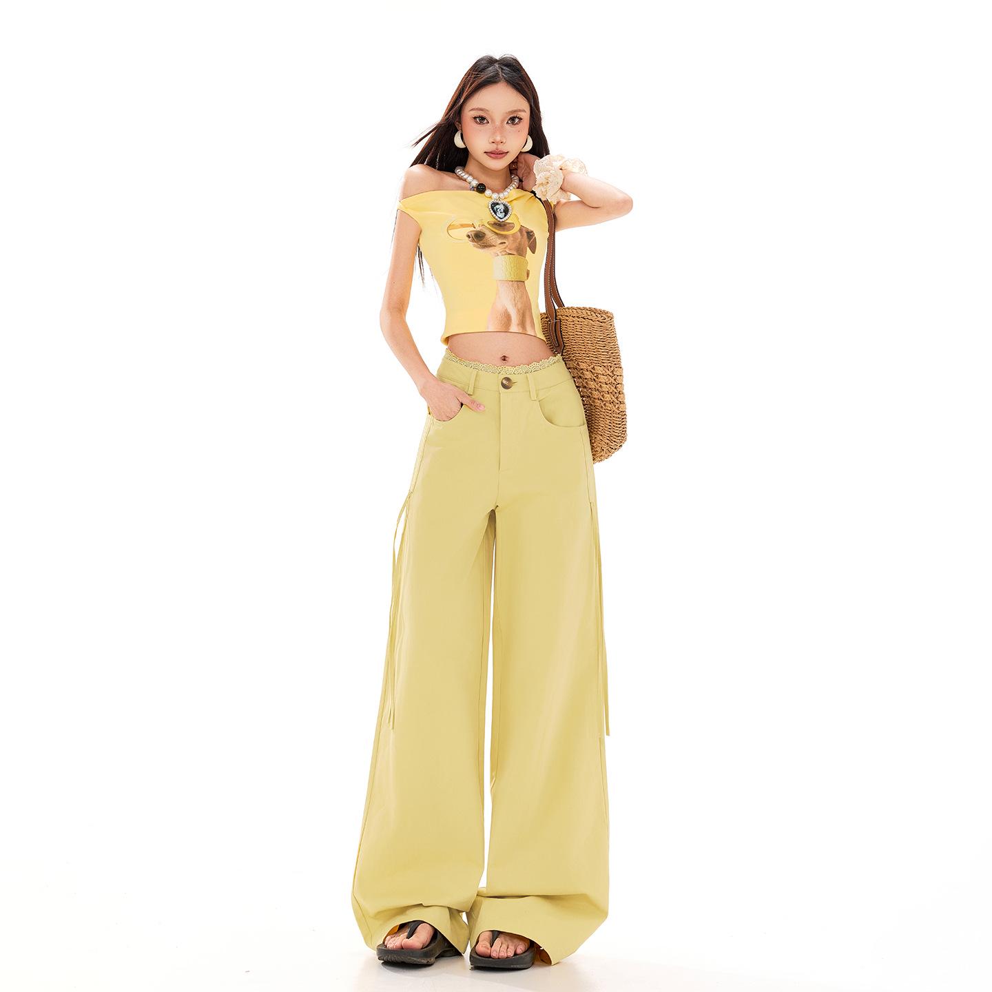 2026 Spring Lace Trim High Waist Loose Fit Slimming Women s Casual Pants Large