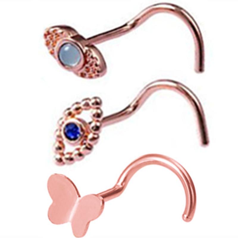 3PCS Pink Crystal Bend Nose Piercing Stud Set Spider Nose Ring Bulk Twist Butterfly Nose Rings And Studs Pack Piercing Nariz Lot