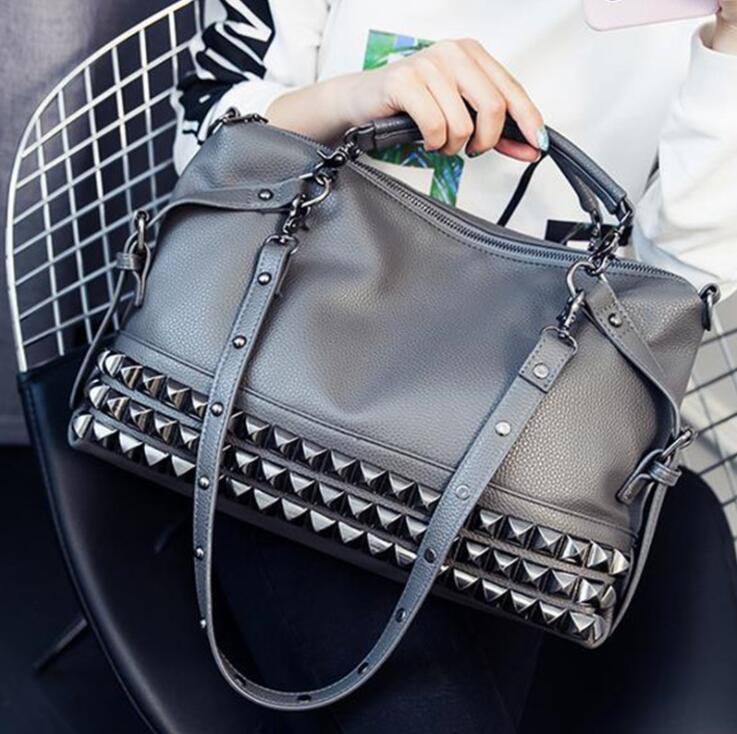 

Newest Fashion Lady Leisure School Bag Large Capacity Rivet Metal Bud Pu Leather Handbag Single Shoulder Messenger Bag 34cm-10cm-23cm
