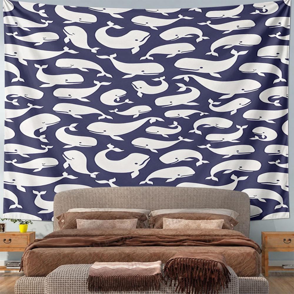 Cute White Whales Pattern On Navy Blue Pattern Wall Hanging Tapestry Decorative Tapestry Home Decor for Bedroom and Living Room