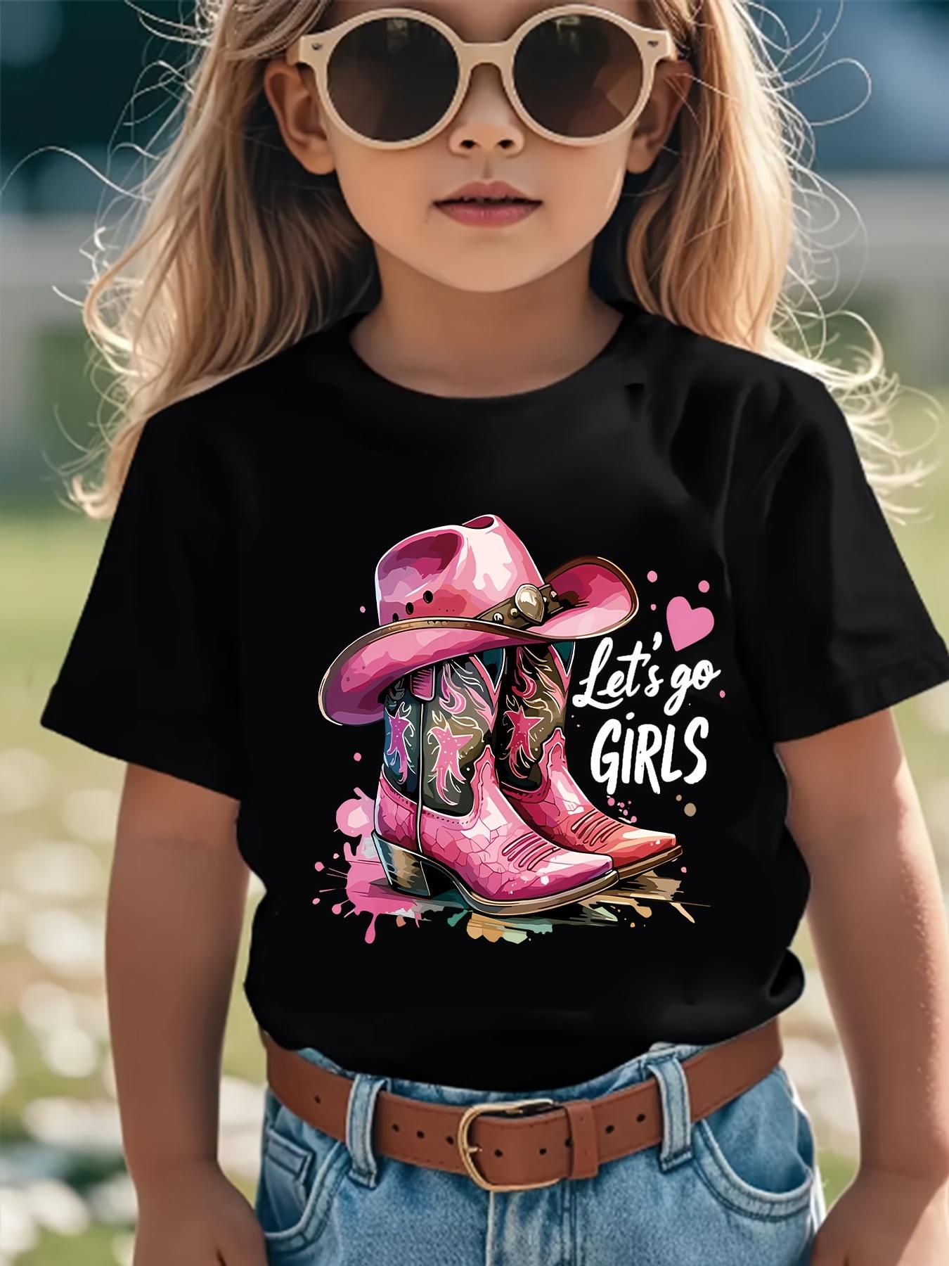 MLionKidsTee Europese maten Mode Vintage Meisjes Zomer T-shirt Stijlvolle Cowboylaarzen Patroon Print Let's Go Meisjes Letterprint Trendy Peuter Meisjes T-shirt Casual 164cm zwart