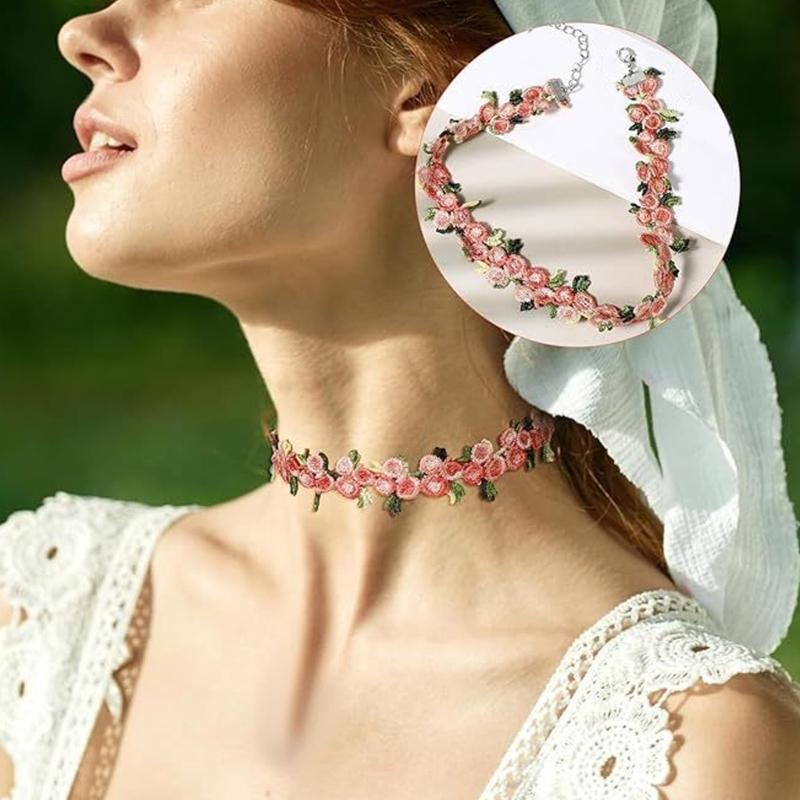 Pack of 8 Multistyle Flower Pendant Necklaces for Women Girls with Adjustable Length Sensitive Skin Friendly Fabric