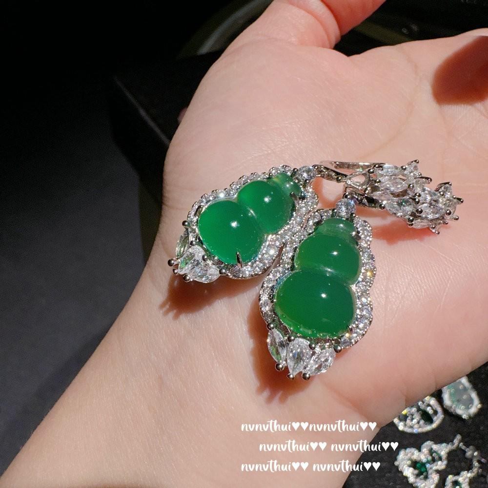 Lychee Frozen White Chalcedony Gourd Enamel Necklace, New Chinese Style, Chalcedony Gourd Fulu Zircon Earrings