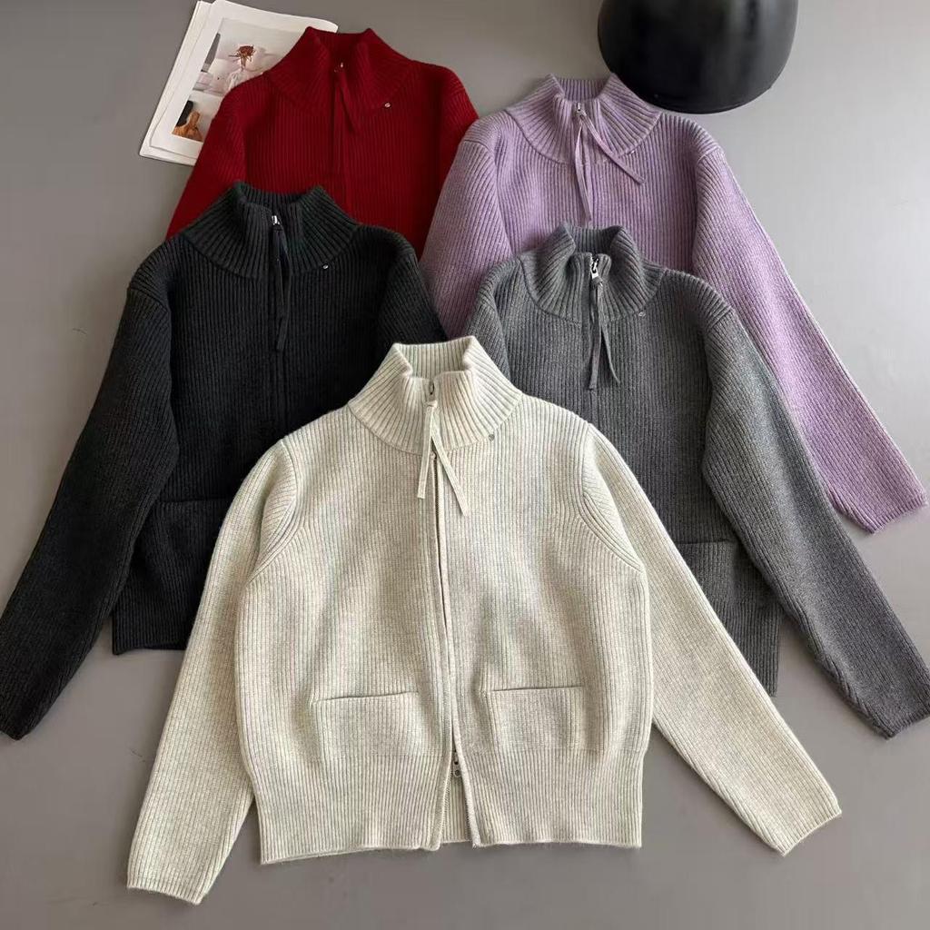 Women's Retro Japanese-Style Zipper Knit Cardigan with Ribbon - Winter Casual Versatile Half-High Collar